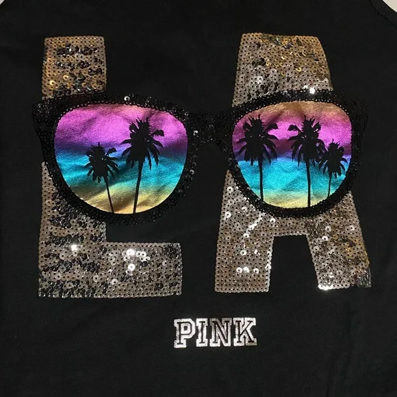 Victoria’s Secret pink destination bling top LA sequin bling tank sunglasses tee - Picture 8 of 9